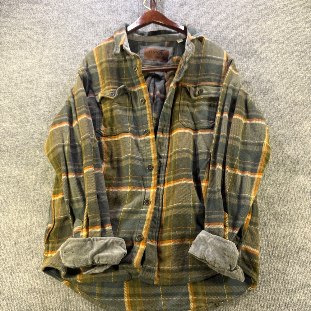 Orvis Plaid Flannel Button Down 100% Cotton Green Orange Size L Gorpcore